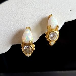 18KT GOLD OVER 925 STERLING SILVER OPAL CRYSTAL DIAMOND ZIRCON CZ EARRINGS~NEW
